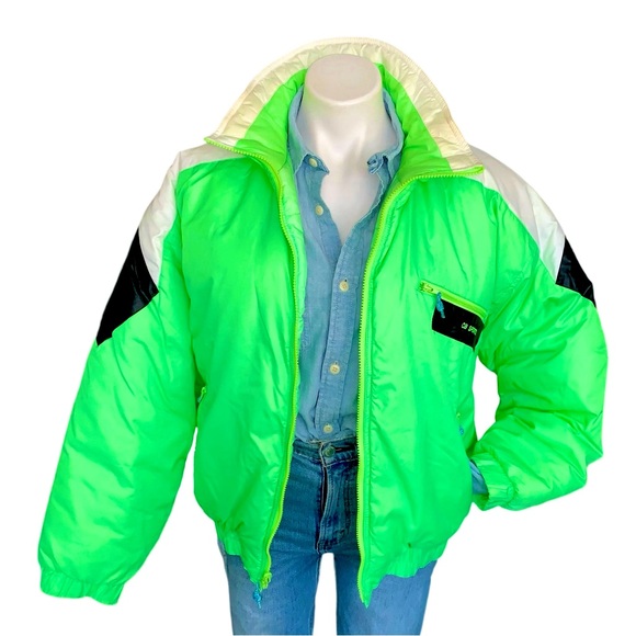 Vintage Jackets & Blazers - v i n t a g e :: Vibrant Neon Green Quilted Puffer Ski Winter Jacket